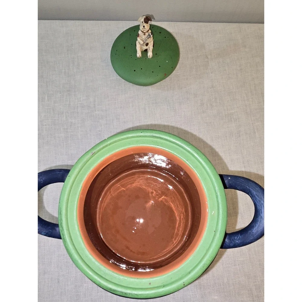 New Debco Intl Dog Treat Jar Green Blue Ceramic Puppy Figurine Lid OS SEE PHOTO